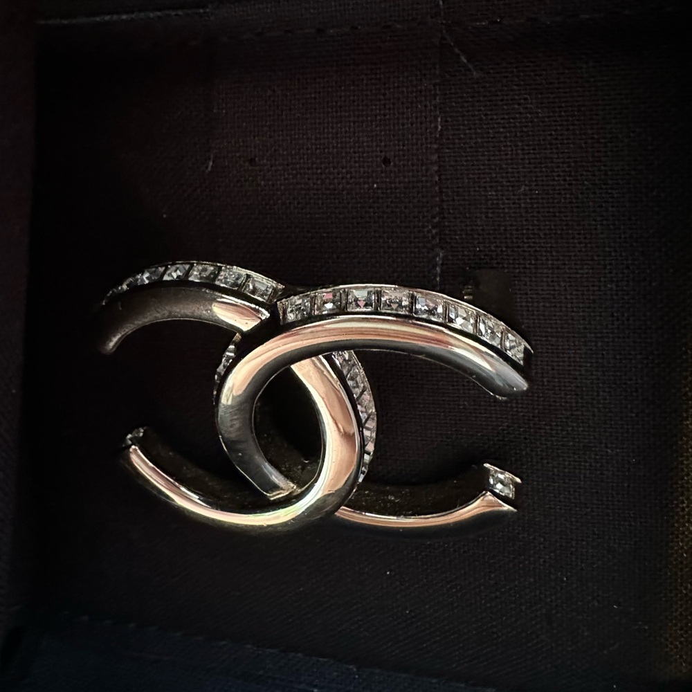 Chanel Silver Crystal Logo Brooch - Picture 2 of 11